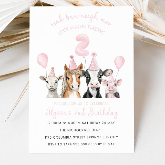 Ferme 2e Invitation d'anniversaire Fille, Rose mod (Créateur téléchargé)