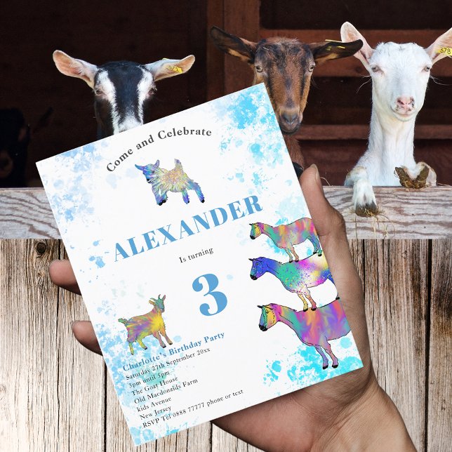 Ferme d'animaux Chèvres Fête d'anniversaire 3 ans  (Cute goats colorful farm animal watercolor art 3rd birthday party blue budget invitation )