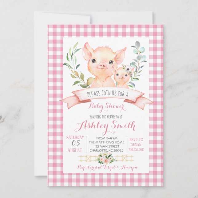 ferme de porc baby shower invitation fille rose (Devant)