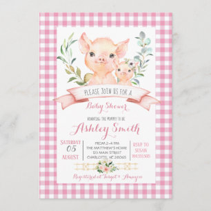 ferme de porc baby shower invitation fille rose