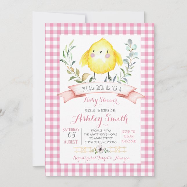 ferme de poulet baby shower invitation fille rose (Devant)