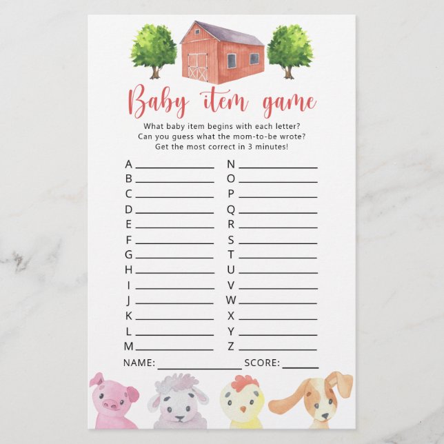 Ferme - Jeu d'objets pour bébé. Jeu de Baby Shower (Devant)