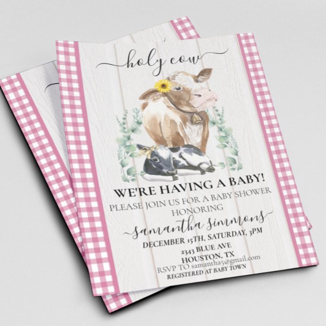 Ferme Sainte Vache Veau Baby Shower Gingham Rose (Créateur téléchargé)