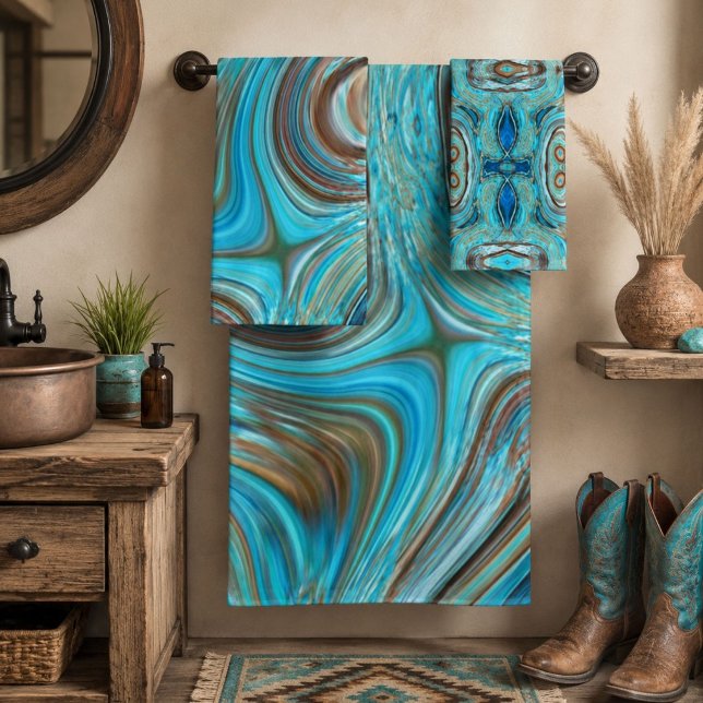 ferme sarcelle bleue tourbillons de bois turquoise (farmhouse teal blue Woodgrain turquoise swirls Bath Towel Set)