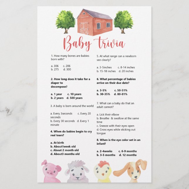 Ferme - Trivia pour bébés | Jeu Baby shower (Devant)