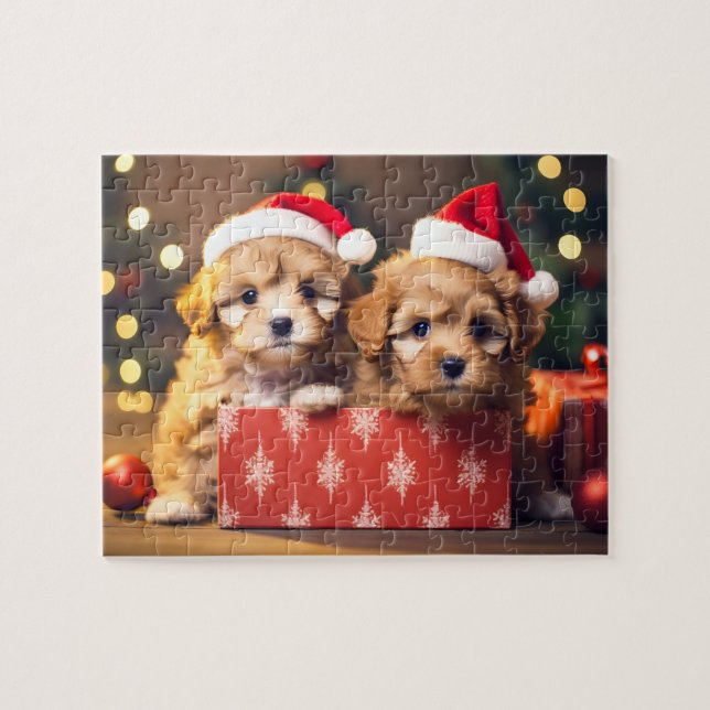 Festif Noël Chiot Duo Jigsaw Puzzle (Horizontal)