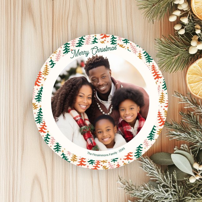 Festif Retro Holiday Tree Carte photo (Groovy Retro Christmas Tree Holiday Circle Card)