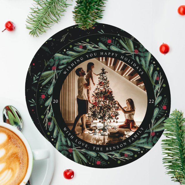 Festif Wreath Feuilles Berries Carte ronde (Créateur téléchargé)