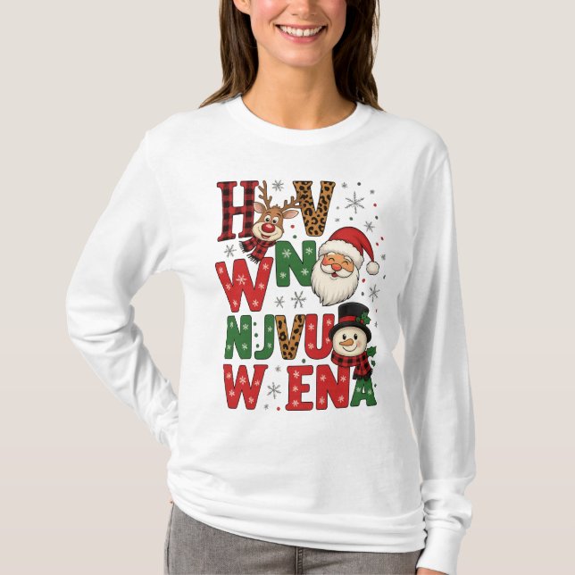 Festive Christmas Characters Letter Art T-Shirt (Devant)