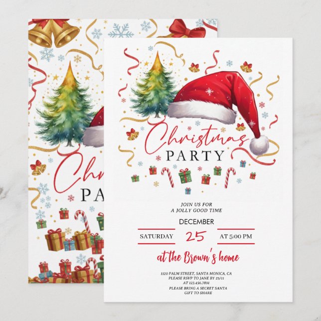 Festive Christmas Party Invitation Red Santa Hat (Devant / Derrière)
