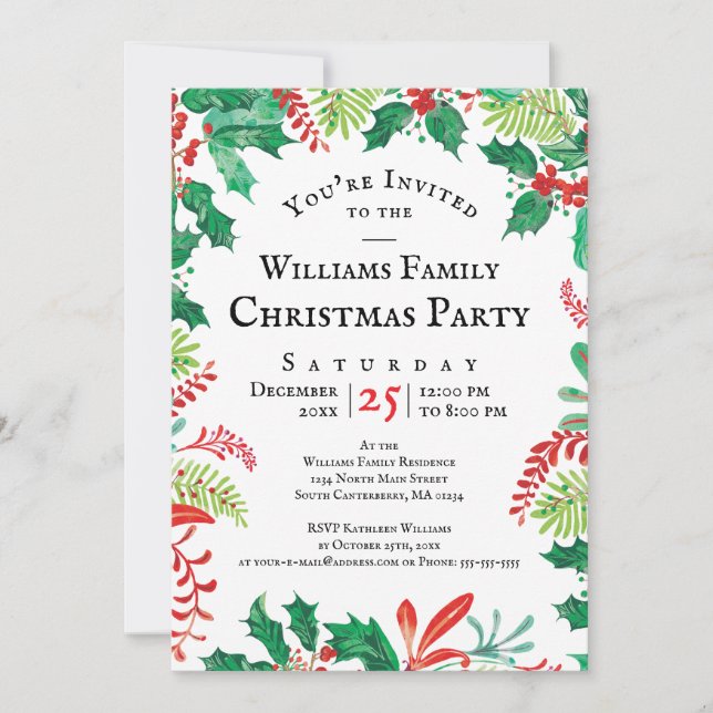 Festive Holly Christmas Red Green Party Invitation (Devant)