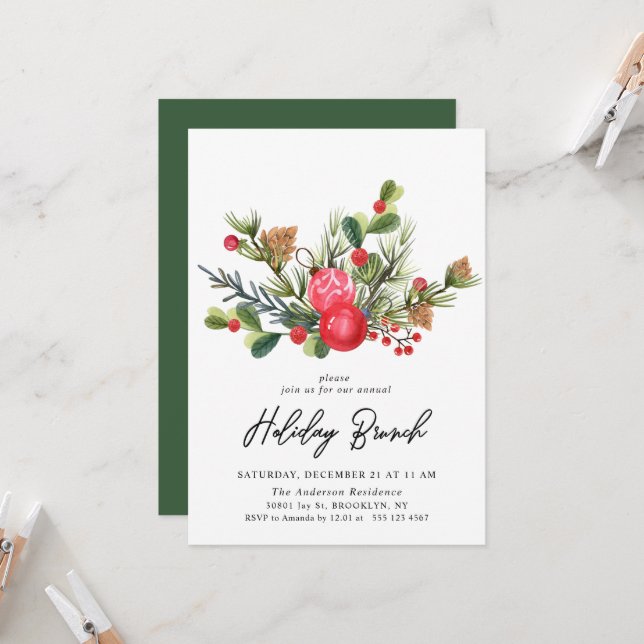 Festive Holly Noël Fête Brunch Invitation (Devant/Arrière en situation)