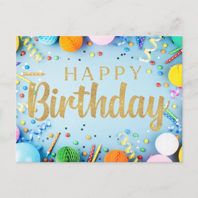 Festive Joyeux Anniversaire sur carte postale bleu (Devant)