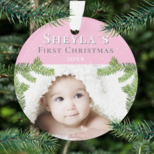 Festive Pink Baby`s First Christmas Photo
