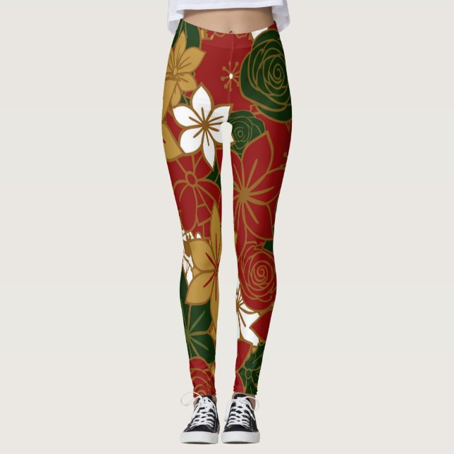 Festive Poinsettia Christmas Floral Leggings (Devant)