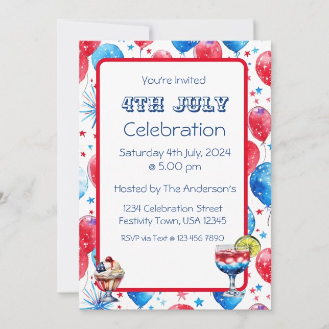 Festive Red Blue Balloons 4th July Invitation Card (Devant)