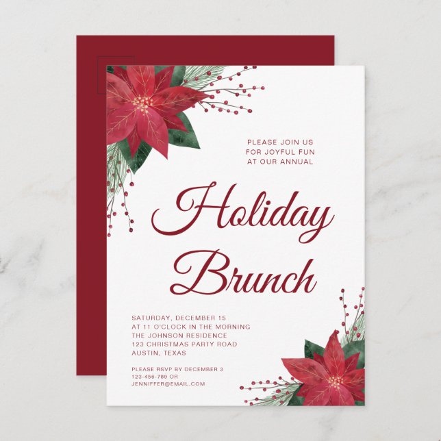 Festive Red Poinsettia Noël Brunch Invitation (Devant / Derrière)
