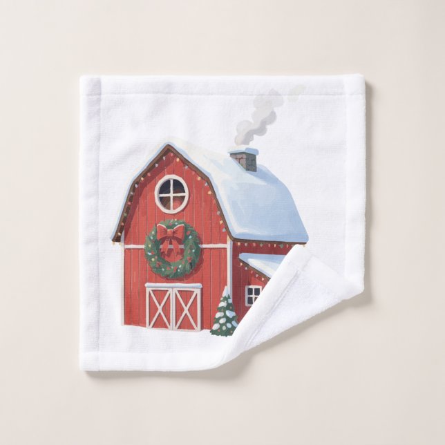Festive Rustique ferme Snowy Red Grange Noël (Gant de toilette)