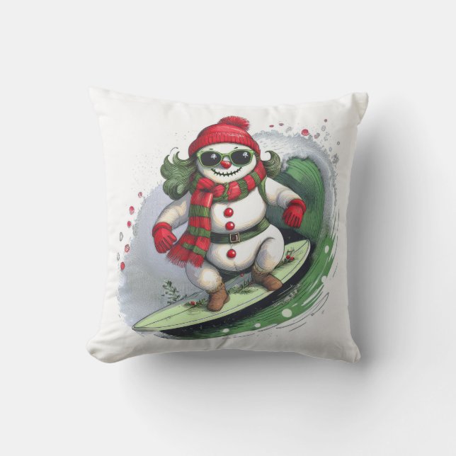 Festive Snowman Surf Coussin des Fêtes (Recto)