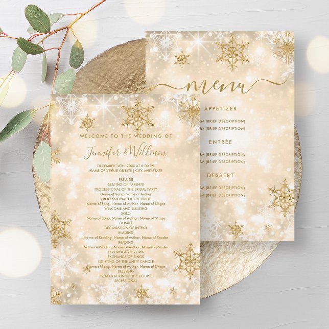 Festive Sparkle Gold - Programme de menu de mariag (Festive Sparkle Gold Winter Wedding Menu Program)