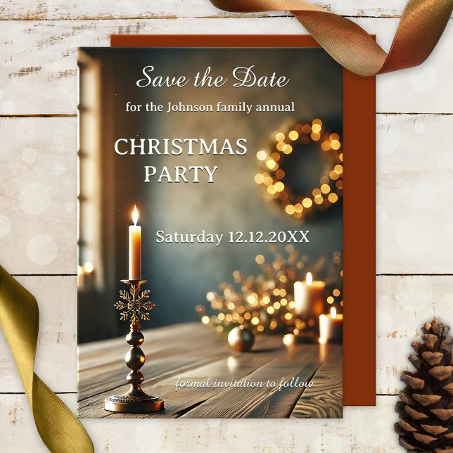 Fête annuelle de Noël Enregistrer la carte de date (Christmas Holiday party Save the Date card featuring a rustic table with candles and sparkling light)