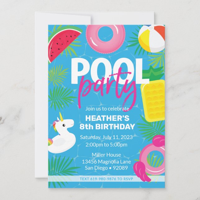 Fête au bord de la piscine  | Invitation d'anniver (Devant)