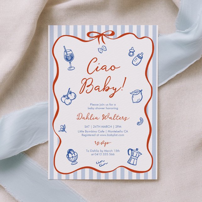 Fête Bébé Italien Invitation Fille Garçon (Ciao Baby! Italian Baby Shower Invitation in blue and red. )
