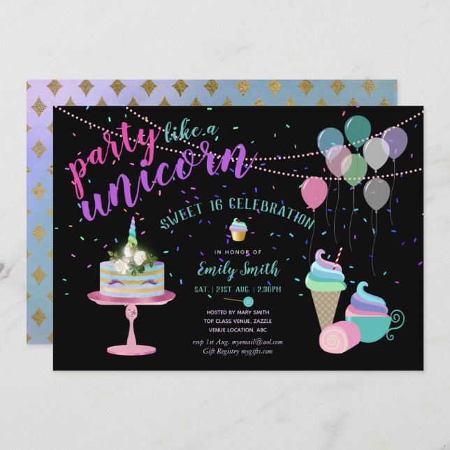 Fête comme un UNICORn Fun Invitation N'IMPORTE QUE (Devant / Derrière)