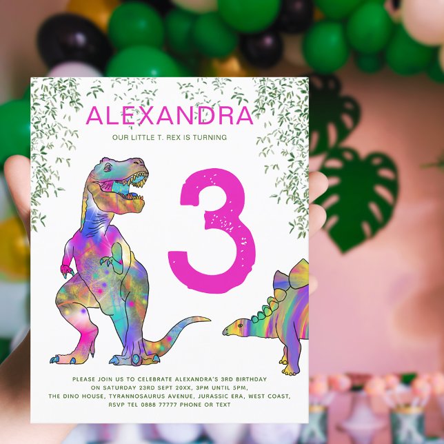 Fête d'anniversaire 3 ans jungle dinosaures rose b (Dinosaur T-Rex jungle pink girls 3rd birthday party invitation )