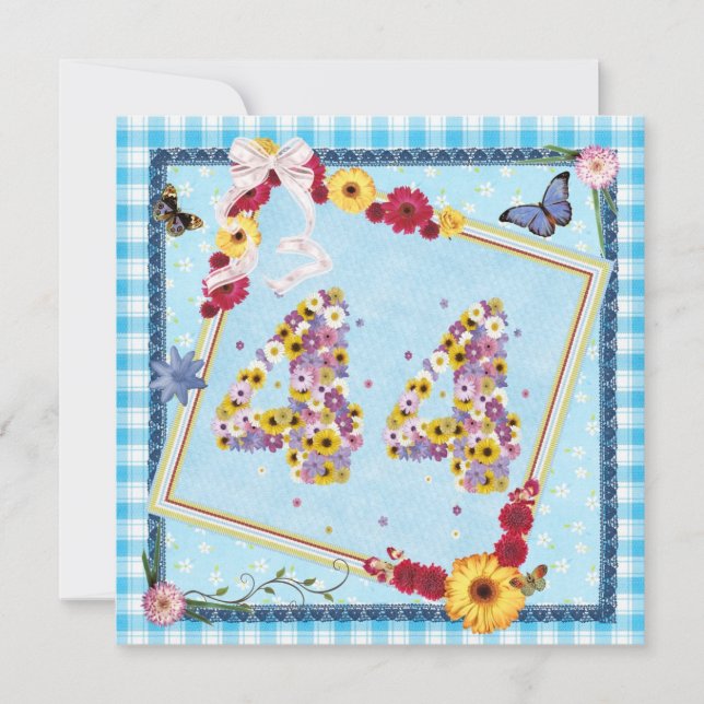 Fête d'anniversaire 44e Invitation fleurs, papillo (Devant)