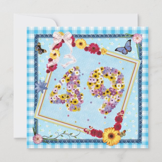 Fête d'anniversaire 49e Invitation fleurs, papillo (Devant)