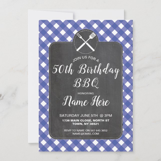 Fête d'anniversaire Blue En vichy Chalk Invitation (Devant)