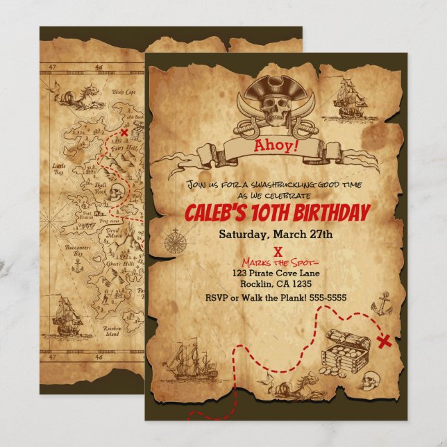 Fête d'anniversaire Carte au trésor vintage pirate (Devant / Derrière)