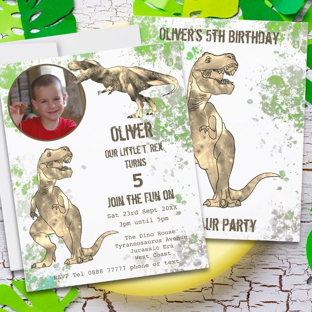 Fête d'anniversaire de 5 ans de dinosaure T Rex ga (T-Rex Dinosaur 5th birthday party invitation Jurassic jungle with prehistoric Tyrannosaurus rex dino)