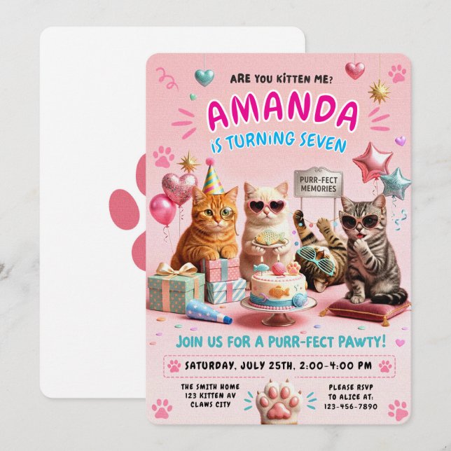 Fête d'anniversaire de chat Mignon Invitation pour (Devant / Derrière)