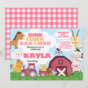 Fête d'anniversaire de ferme Invitation fille rose