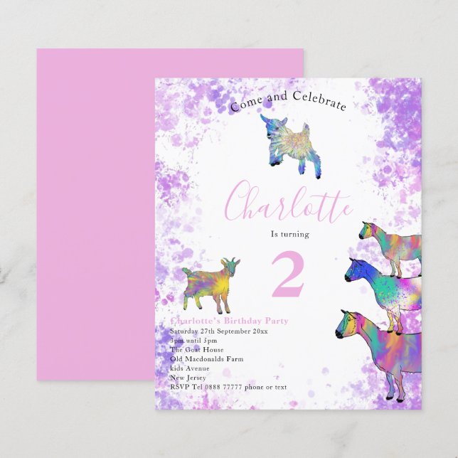 Fête d'anniversaire de filles aquarelle de chèvres (Devant / Derrière)