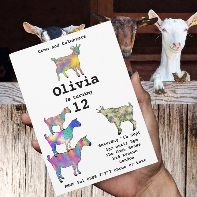 Fête d'anniversaire de filles Coloré Moutons migno (Cute goats colorful farm animal art 12th birthday party budget invitation )
