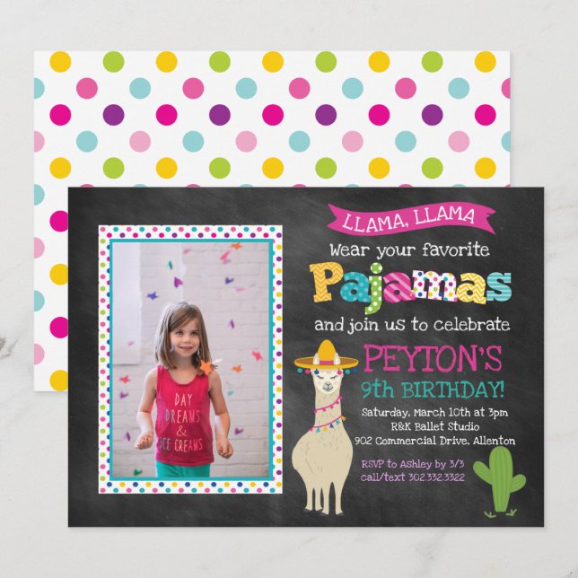 Fête d'anniversaire de Llama Pajama - Invitation p (Devant / Derrière)