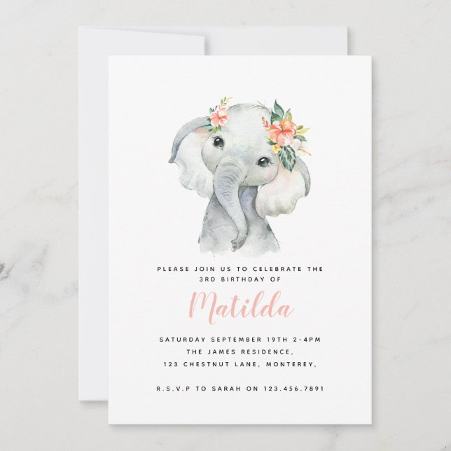 Fête d'anniversaire de petite fille d'éléphant aqu (Devant)