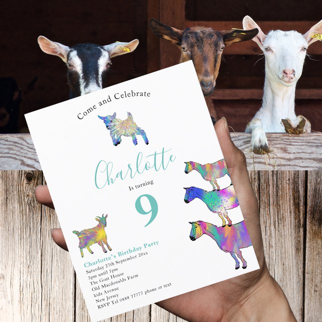 Fête d'anniversaire des 9 ans de la ferme de chèvr (Goats farm animals 9th birthday party budget invitation watercolor animal art )
