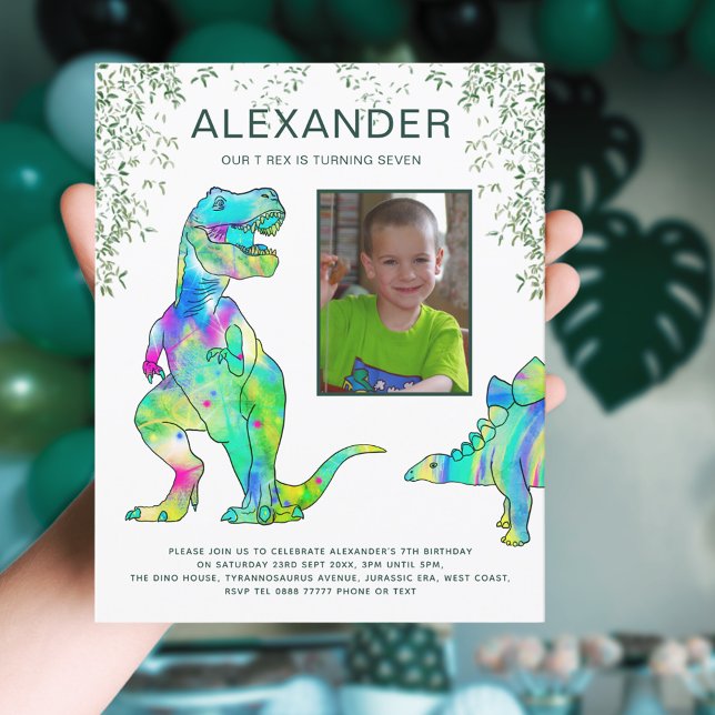 Fête d'anniversaire Dinosaure Jungle T Rex Rugisse (Dinosaur T-Rex jungle 7th birthday party invitation with photo template)