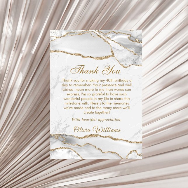 Fête d'anniversaire élégante blanche et or Merci (White and gold birthday party thank you card)