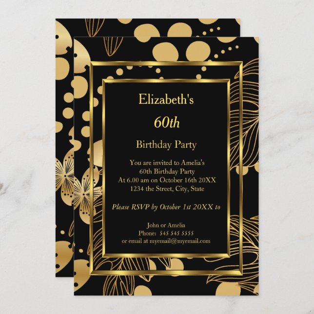 Fête d'anniversaire Gold Black Floral Invitation (Devant / Derrière)
