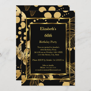 Fête d'anniversaire Gold Black Floral Invitation