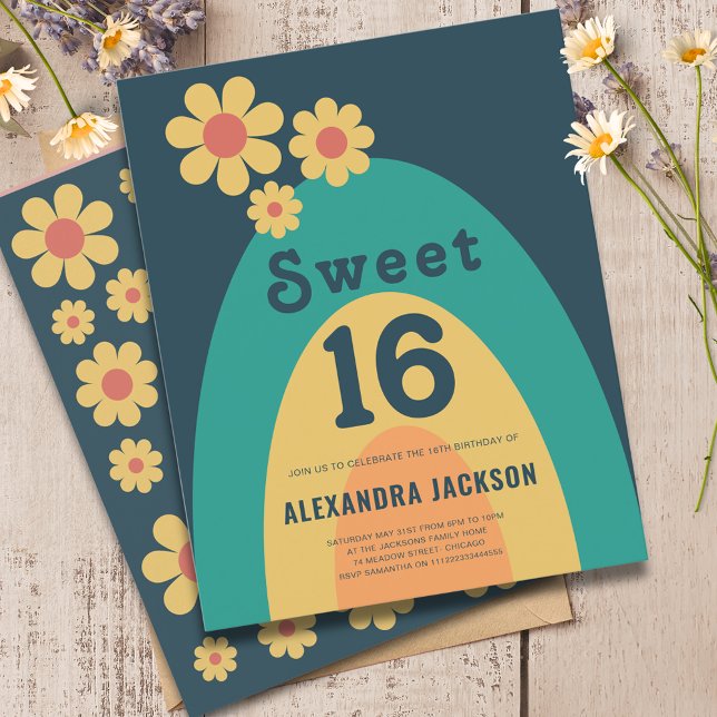 Fête d'anniversaire Groovy Daisy Arch 16 ans (Sweet 16 groovy daisy arch 16th birthday party budget invitation )