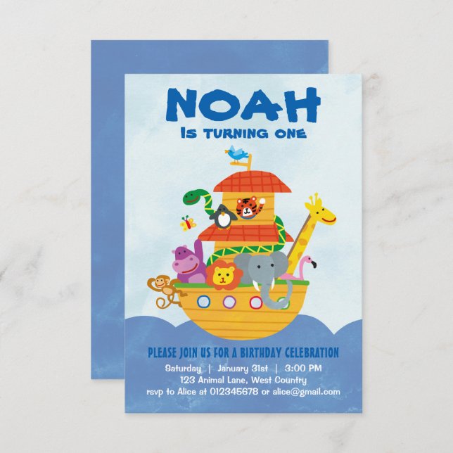 Fête d'anniversaire - invitation de Noah's Ark (Devant / Derrière)