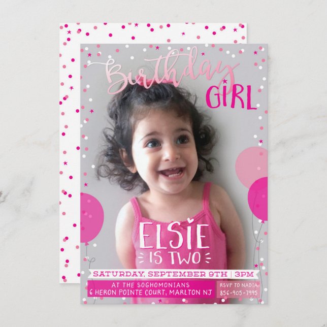 FÊTE D'ANNIVERSAIRE invitation mignon ballons rose (Devant / Derrière)