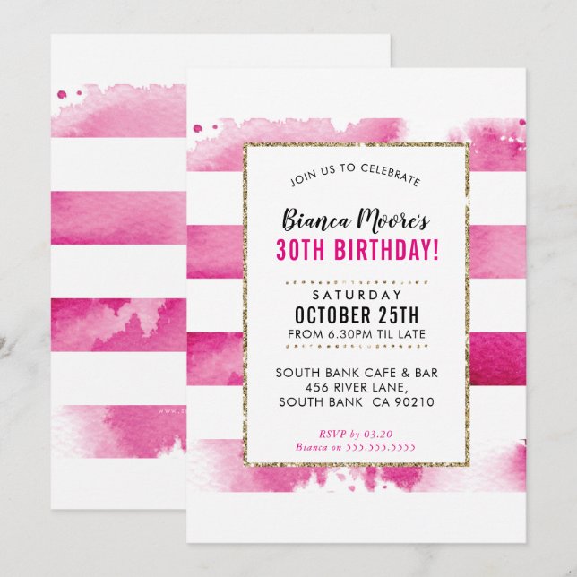 FÊTE D'ANNIVERSAIRE INVITATION or rose aquarelle r (Devant / Derrière)