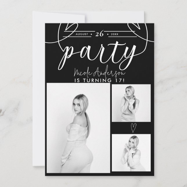 Fête d'anniversaire photo noir et blanc coeurs mod (Devant)
